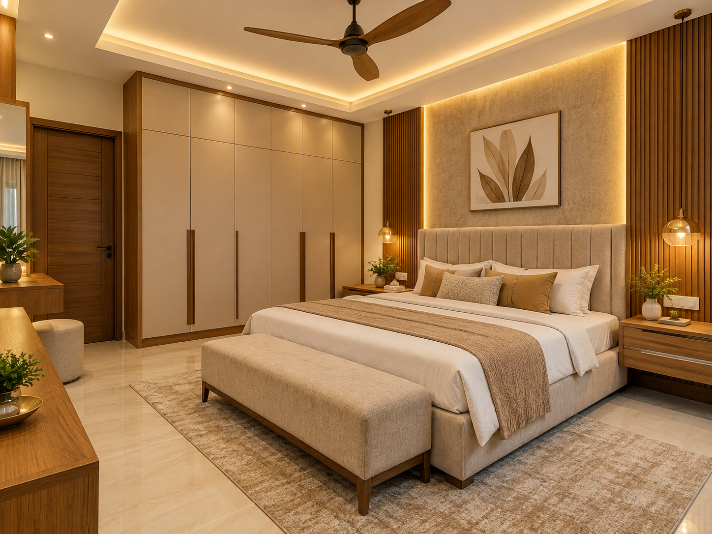 Bedroom interior with wardrobe, patterned wall and storage bed