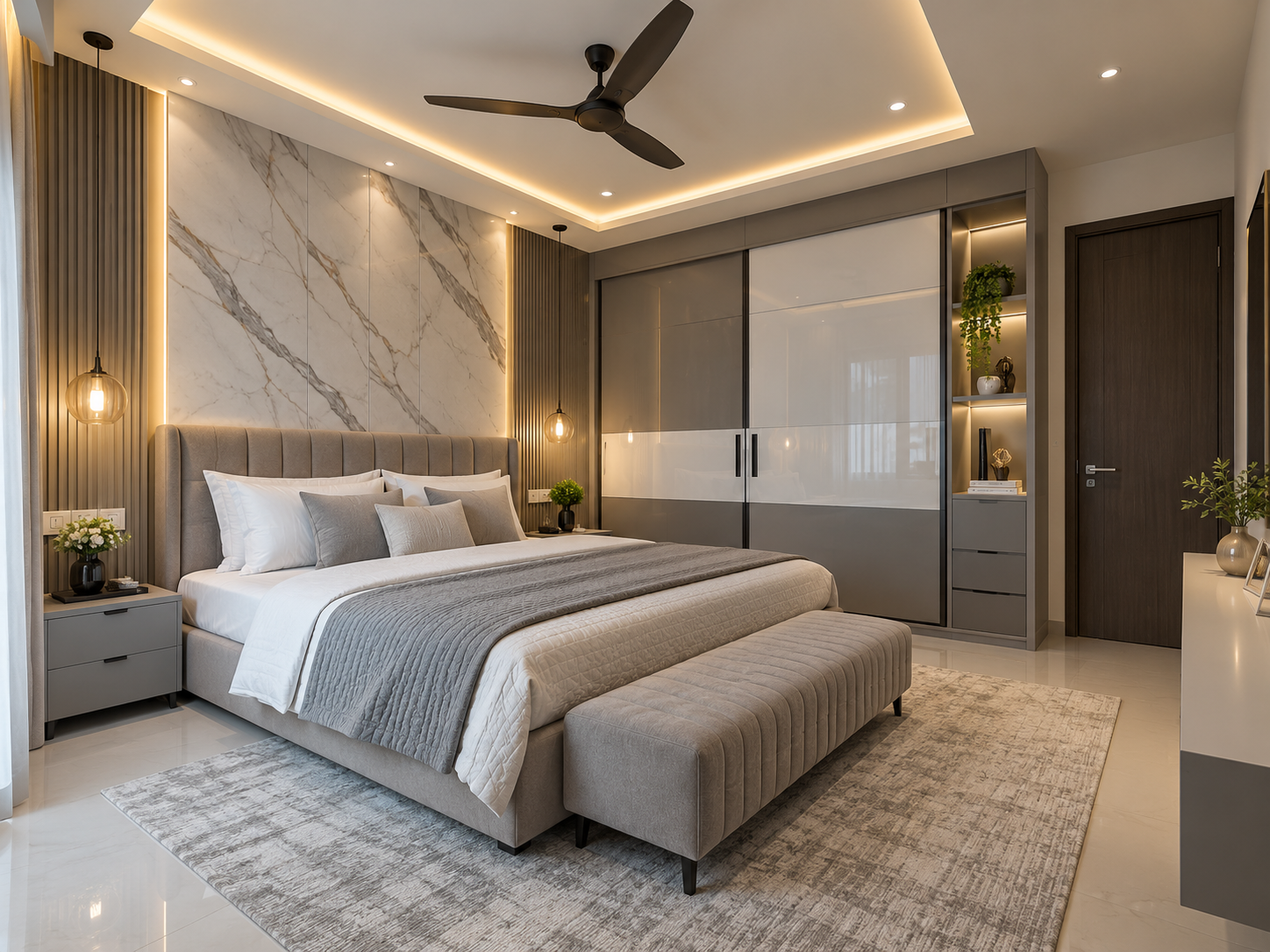 Minimal bedroom render with wardrobe and large windows