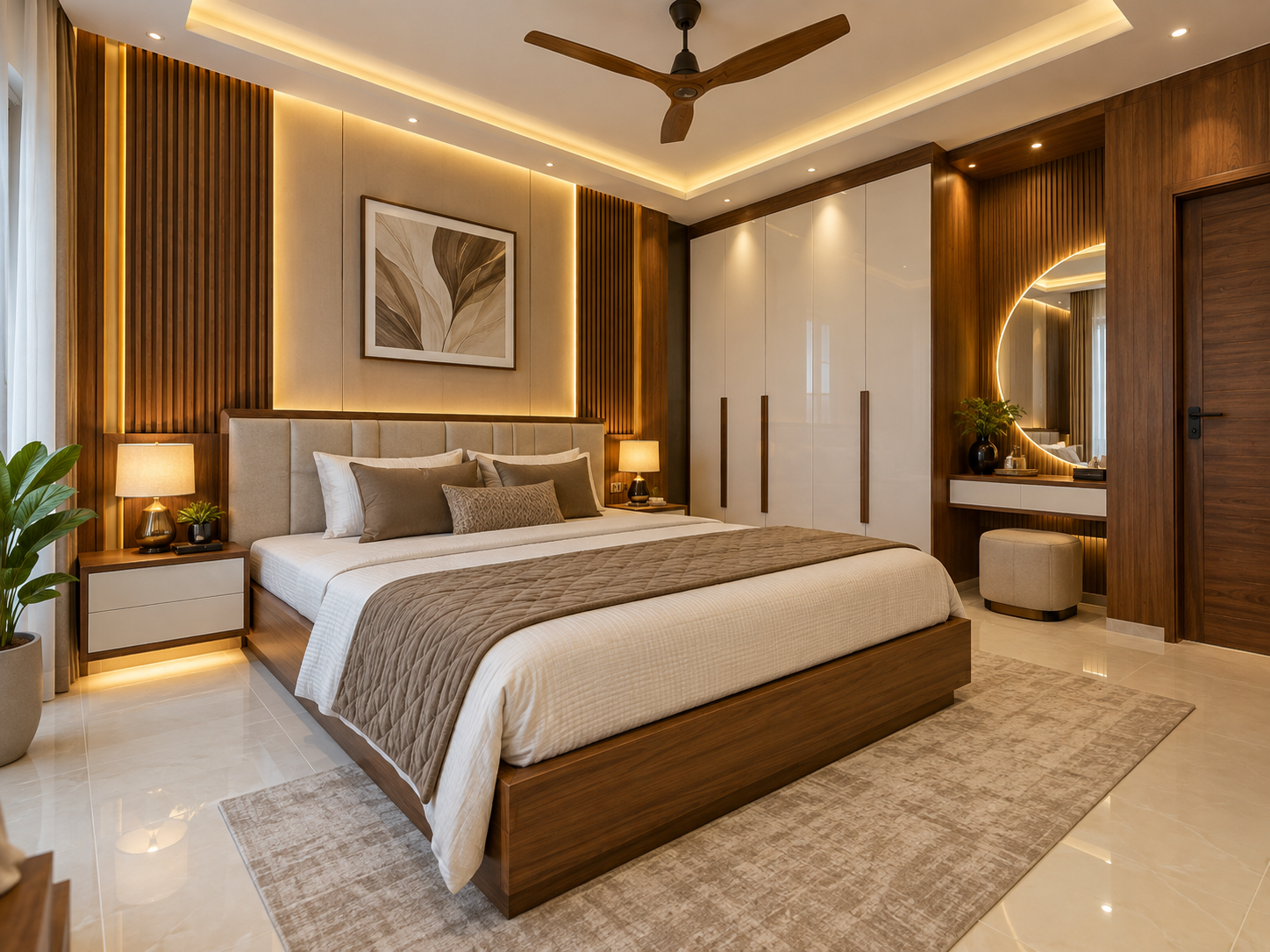 Bedroom interior with feature wall and layered lighting