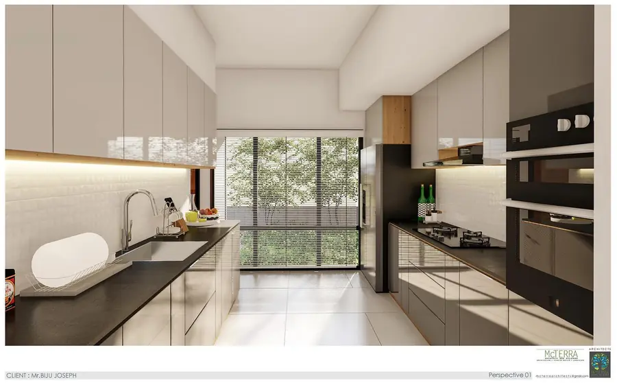 Bright long modular kitchen concept with black counter and storage cabinets