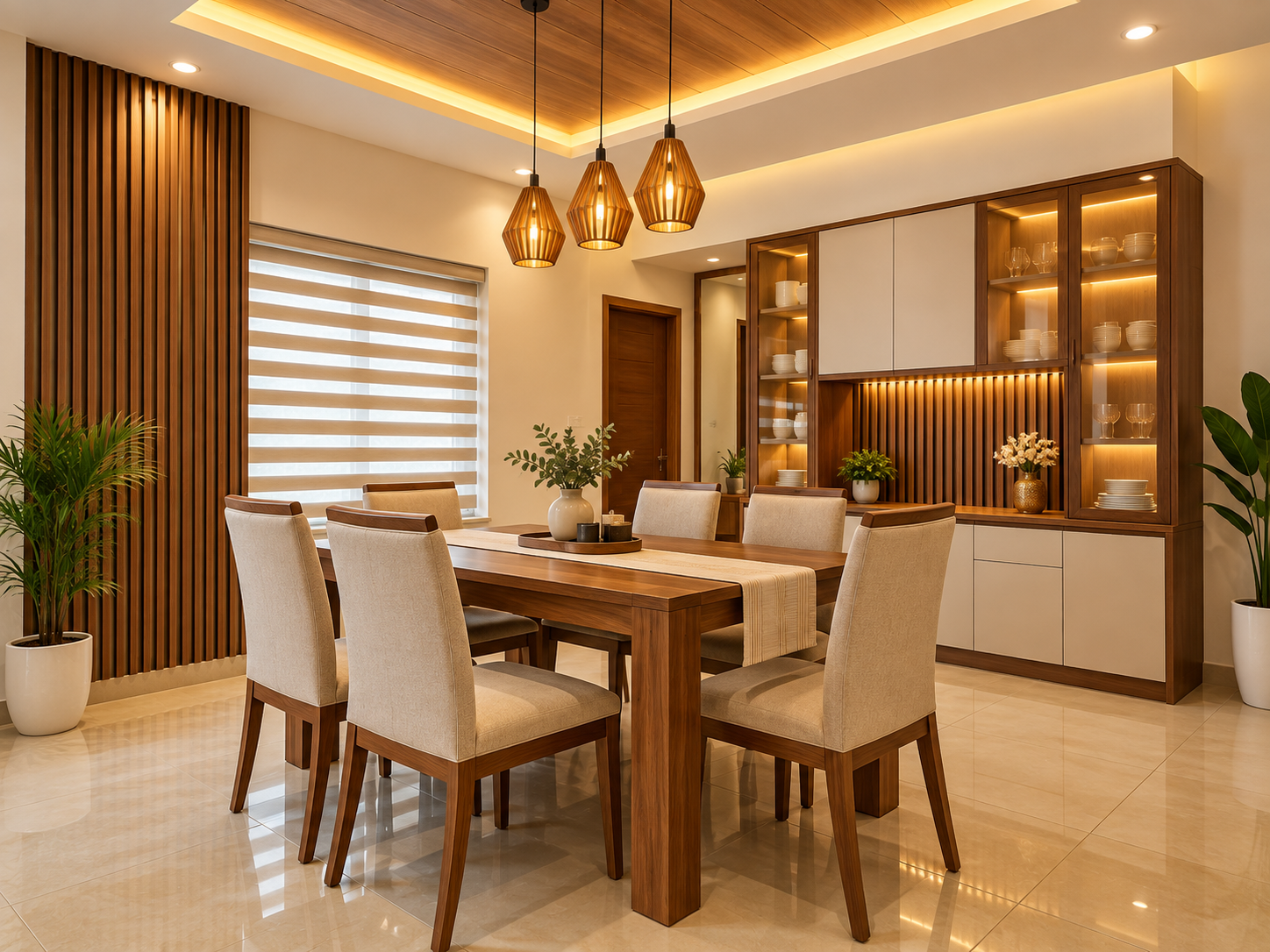 Open dining and living concept with large windows and altar wall