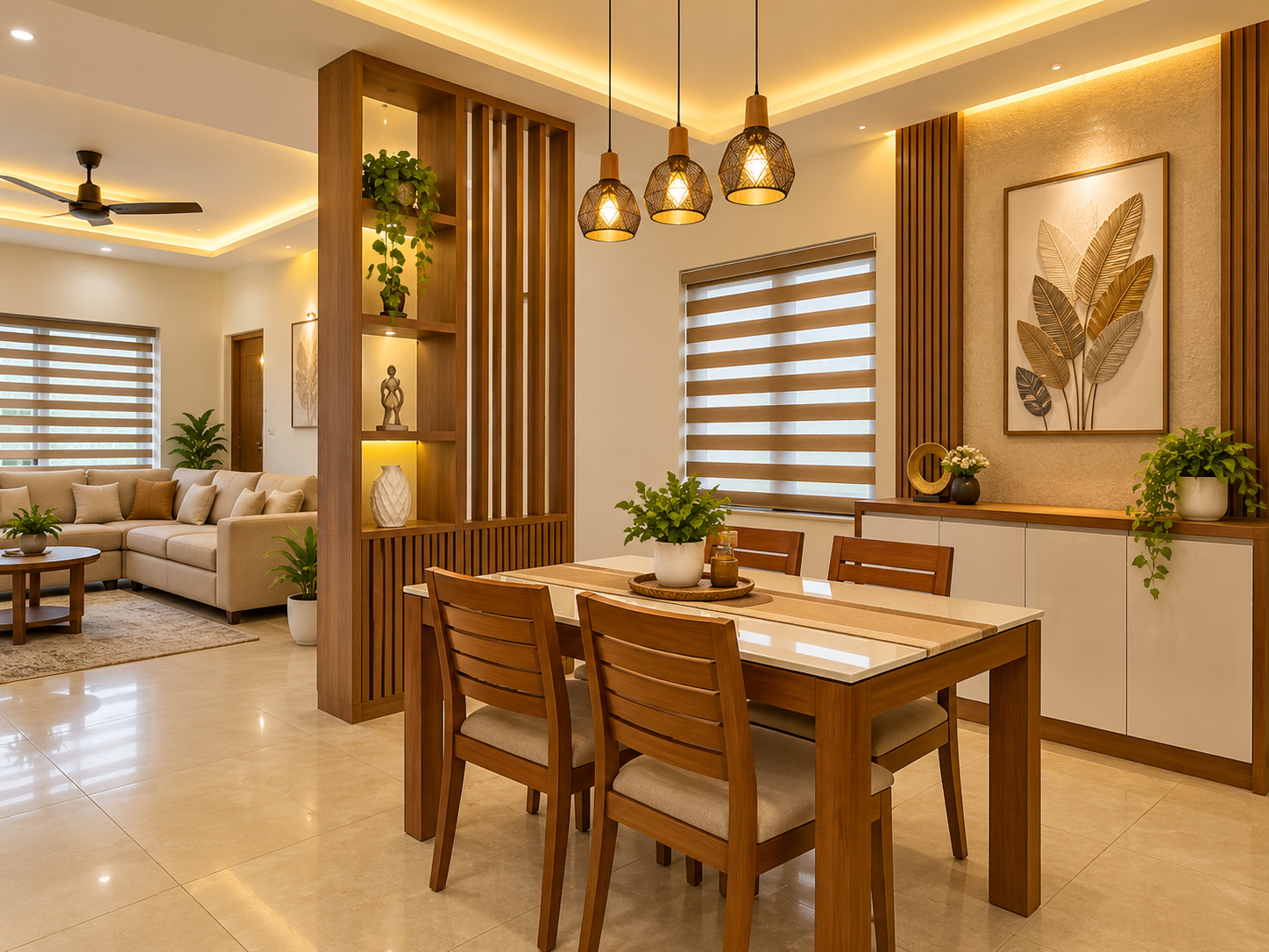 Dining space with modern table and pendant lighting
