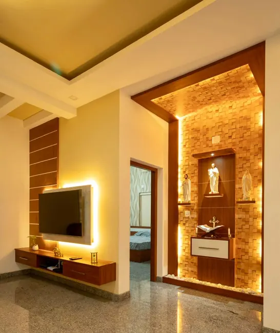 Living room and prayer unit planning with warm wooden elements
