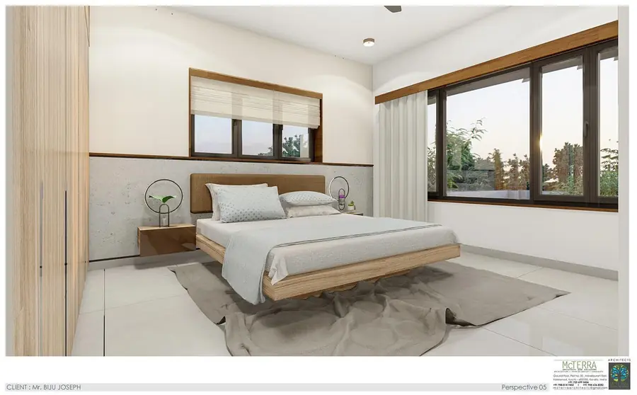 Minimal bedroom render with wardrobe and large windows