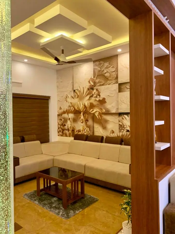 Premium living room interior with false ceiling and custom seating