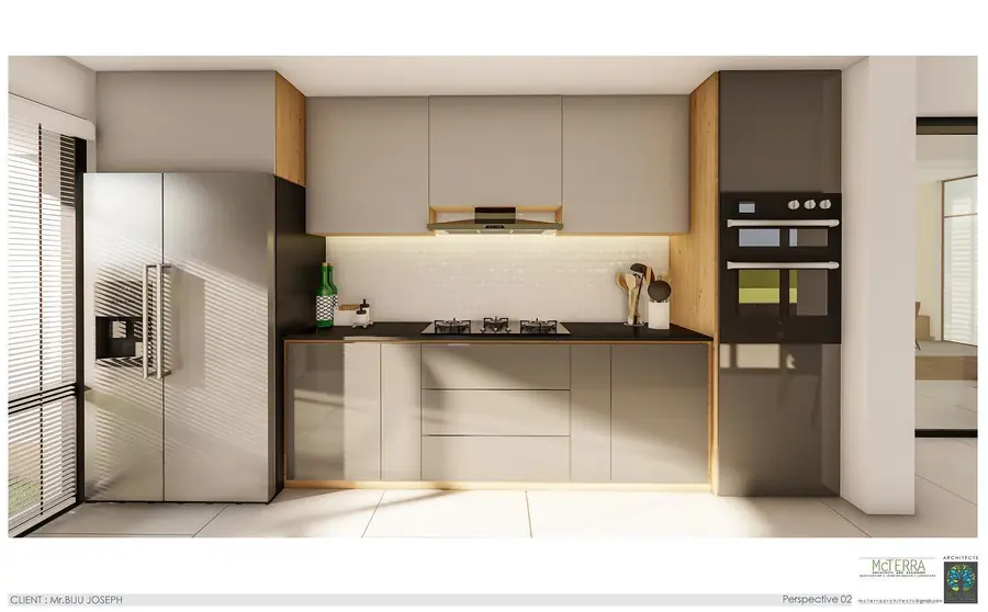 Straight kitchen view with built-in oven, tall unit and refrigerator planning
