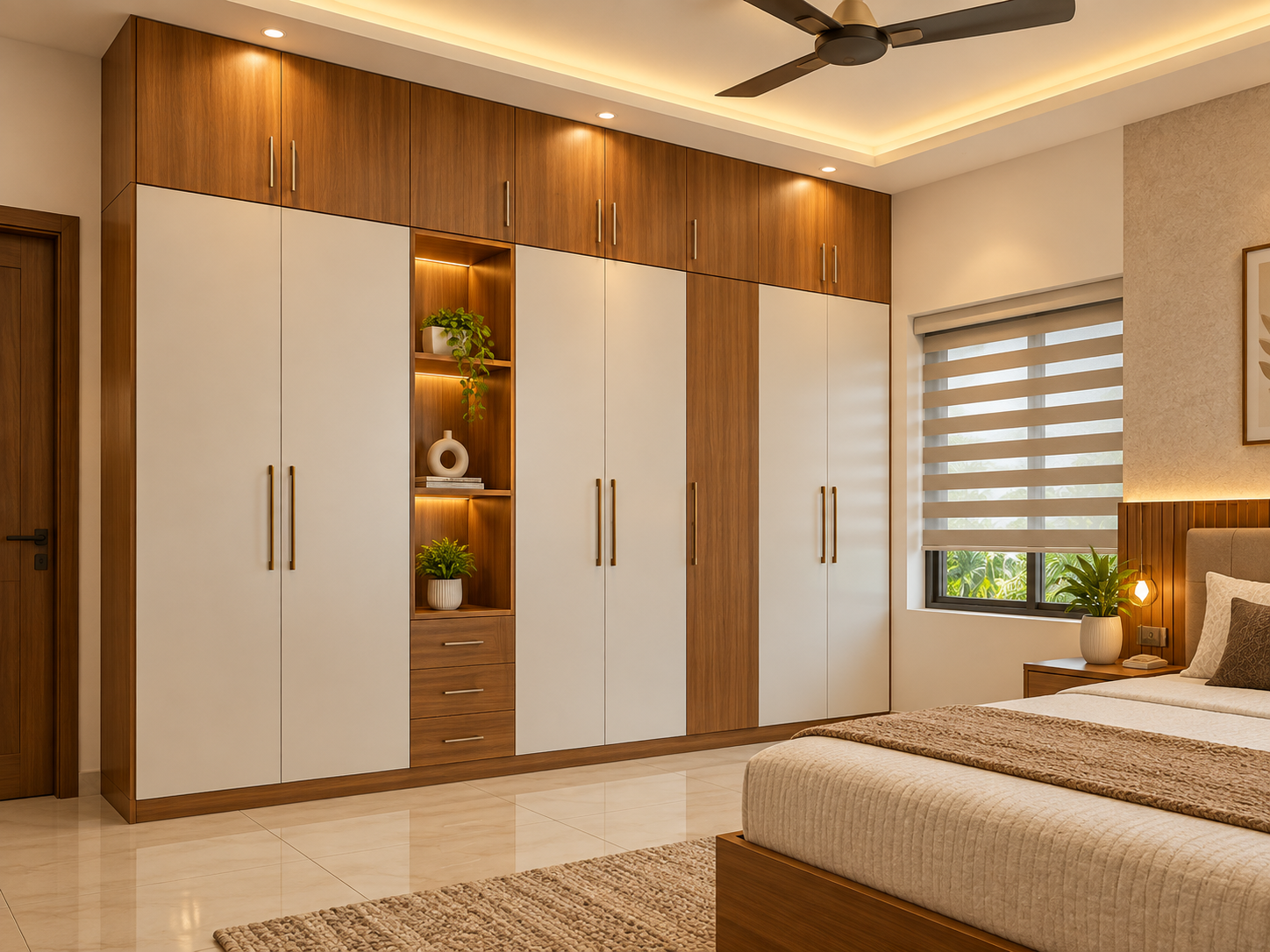 Wood and white wardrobe with floral headboard and warm ceiling lighting
