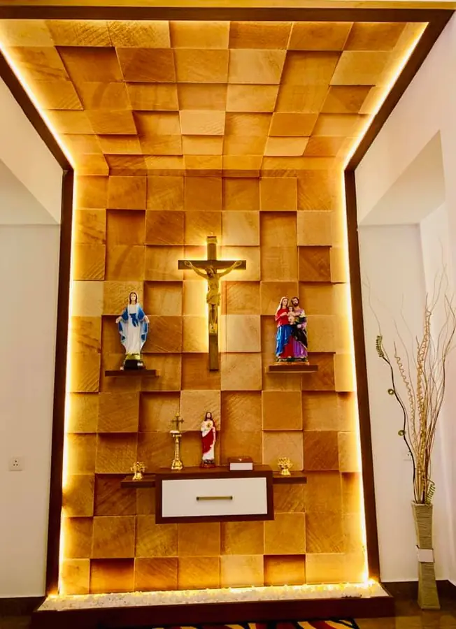 Wooden prayer wall with backlit 3D panel and shelves